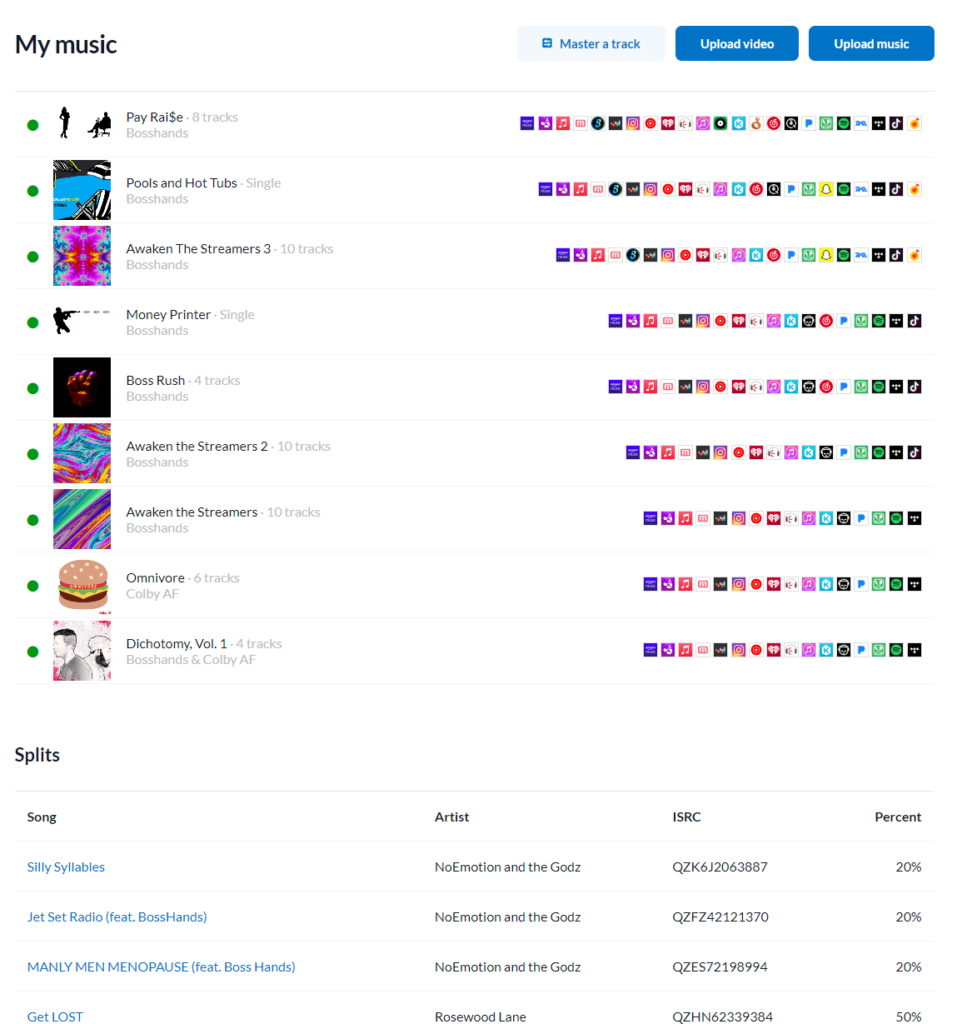 a photo of bosshands distrokid dashboard